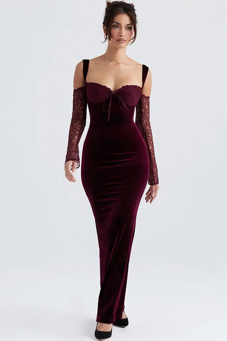 Sexy Bow Tie Sweetheart Cutout Shoulder Velvet Evening Maxi Dress - Burgundy