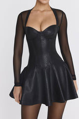 Sexy Bustier Mesh Sleeve Drop Waist Flare Hem Vegan Leather Party Mini Dress