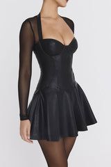 Sexy Bustier Mesh Sleeve Drop Waist Flare Hem Vegan Leather Party Mini Dress