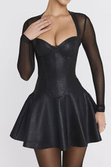Sexy Bustier Mesh Sleeve Drop Waist Flare Hem Vegan Leather Party Mini Dress