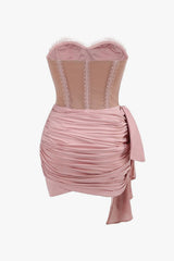 Sexy Bustier Strapless Lace Corset Bow Tie Ruched Bodycon Party Mini Dress