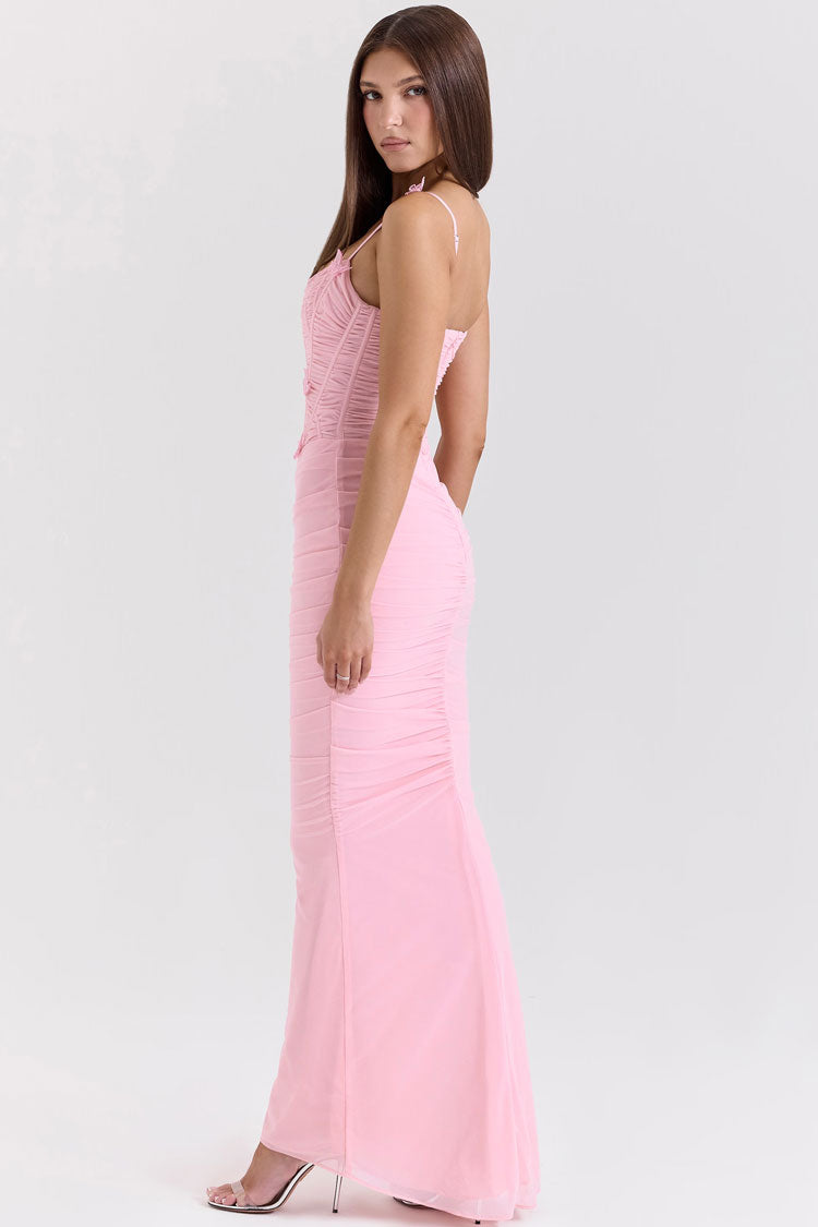 Sexy Butterfly Applique Ruched Bodycon Mesh Mermaid Evening Maxi Dress
