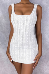 Sexy Cable Knit Sleeveless Mini Sweater Dress - White