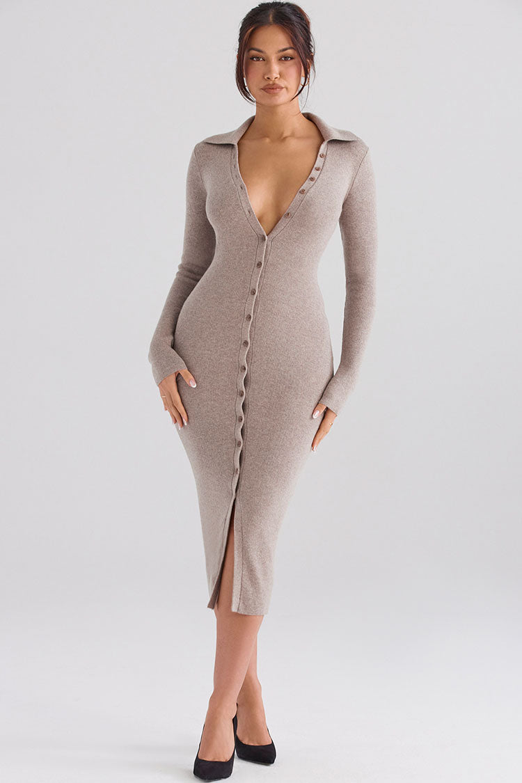 Sexy Collared Button Down Long Sleeve Bodycon Rib Knit Sweater Midi Dress - Camel