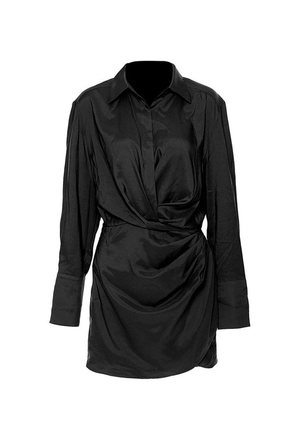 Sexy Collared Button Up Long Sleeve Ruched Bodycon Mini Shirt Dress