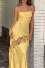 Sexy Cowl Neck Lace Trim Tie Backless Beach Vacation Maxi Dress - Yellow