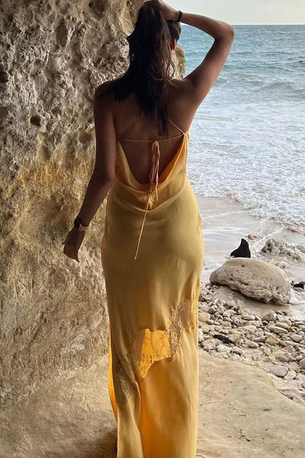Sexy Cowl Neck Lace Trim Tie Backless Beach Vacation Maxi Dress - Yellow