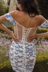 Sexy Cowl Neck Off Shoulder Sheer Corset Lace Up Ruched Floral Party Mini Dress - Blue