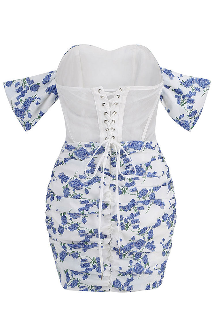 Sexy Cowl Neck Off Shoulder Sheer Corset Lace Up Ruched Floral Party Mini Dress - Blue