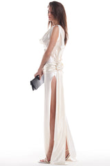 Sexy Cowl Neck Ruched Backless Rosette Split Satin Evening Maxi Dress