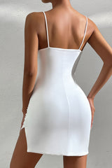 Sexy Cowl Neck Ruched Bodycon Cami Split Sleeveless Party Mini Dress - White