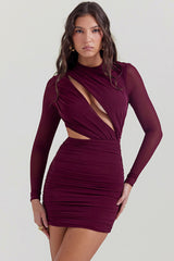 Sexy Crew Neck Cutout Long Sleeve Ruched Party Mini Dress - Burgundy