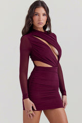 Sexy Crew Neck Cutout Long Sleeve Ruched Party Mini Dress - Burgundy