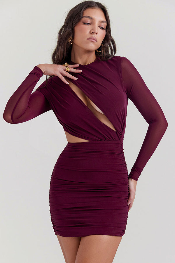 Sexy Crew Neck Cutout Long Sleeve Ruched Party Mini Dress - Burgundy