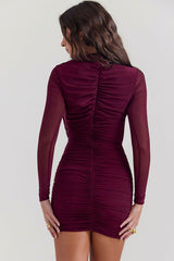 Sexy Crew Neck Cutout Long Sleeve Ruched Party Mini Dress - Burgundy