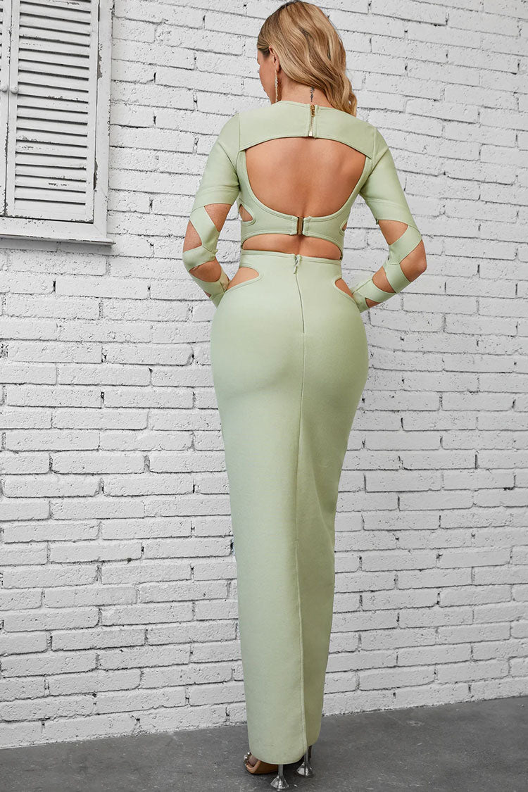 Sexy Crew Neck Long Sleeve Bandage Cutout Evening Maxi Dress - Light Green