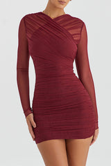 Sexy Crew Neck Sheer Mesh Long Sleeve Ruched Bodycon Party Mini Dress - Burgundy