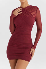 Sexy Crew Neck Sheer Mesh Long Sleeve Ruched Bodycon Party Mini Dress - Burgundy