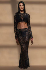 Sexy Crochet Lace Floral Long Sleeve Button Up Crop Two Piece Maxi Dress