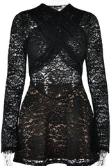 Sexy Cross Front Semi Sheer Long Sleeve Lace Party Mini Dress - Black