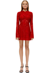 Sexy Cross Front Semi Sheer Long Sleeve Lace Party Mini Dress - Red