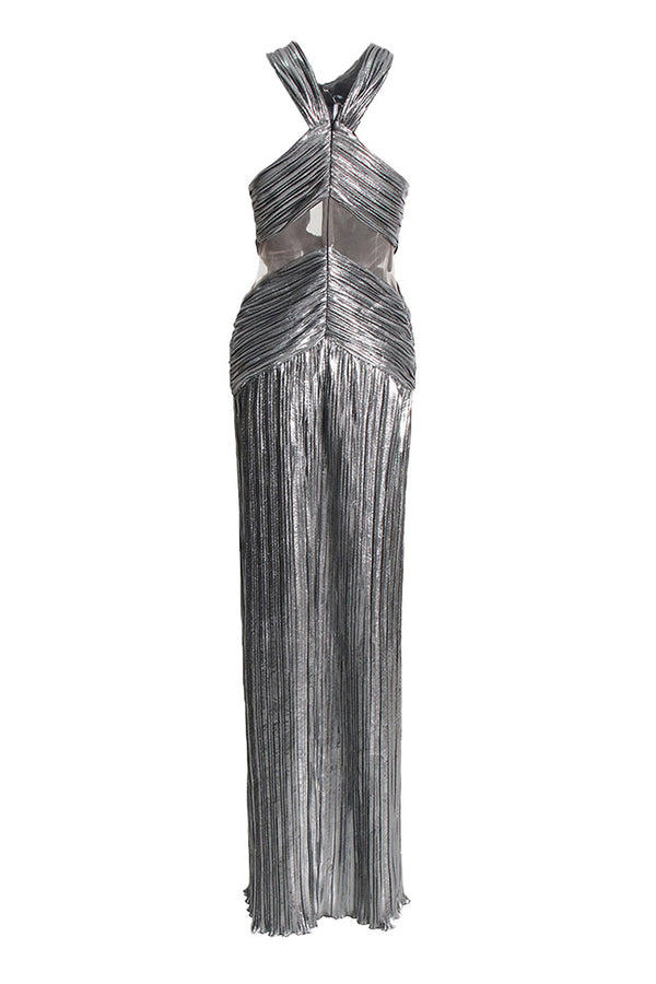 Sexy Crossover Neck Cut Out Metallic Pleated Split Evening Maxi Dress