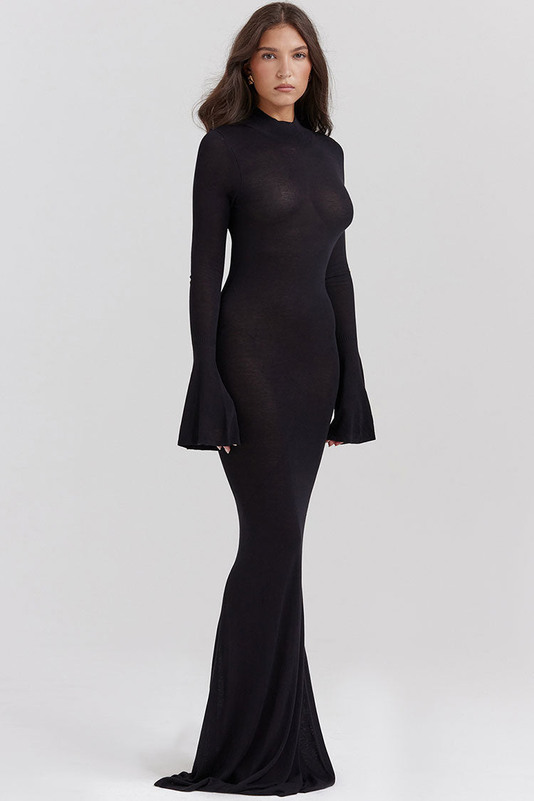 Sexy Cutout Back Mock Neck Bell Sleeve Fishtail Evening Maxi Dress - Black