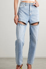 Sexy Cutout Rhinestone Trim High Waist Straight Leg Heart Seam Jeans