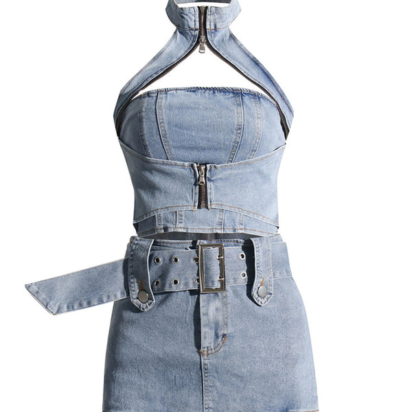 Sexy Cutout Zip Up Halter Crop Buckle Belt Two Piece Denim