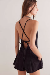Sexy Deep V Bow Tie Backless Pleated Wide Leg Summer Denim Romper