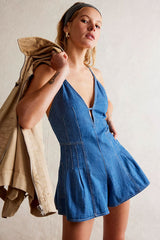 Sexy Deep V Bow Tie Backless Pleated Wide Leg Summer Denim Romper