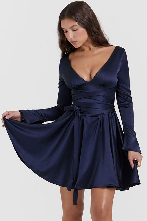 Sexy Deep V Long Sleeve Wrap Tie Waist Silky Satin Party Mini Dress - Navy Blue