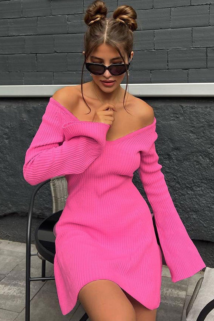 Sexy Deep V Neck Long Sleeve A Line Ribbed Knit Winter Party Mini Dress - Hot Pink