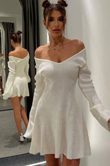 Sexy Deep V Neck Long Sleeve A Line Ribbed Knit Winter Party Mini Dress - White