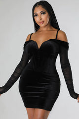 Sexy Deep V Sheer Sleeve Velvet Bodycon Corset Party Mini Dress - Black