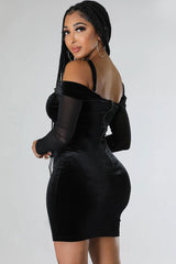 Sexy Deep V Sheer Sleeve Velvet Bodycon Corset Party Mini Dress - Black