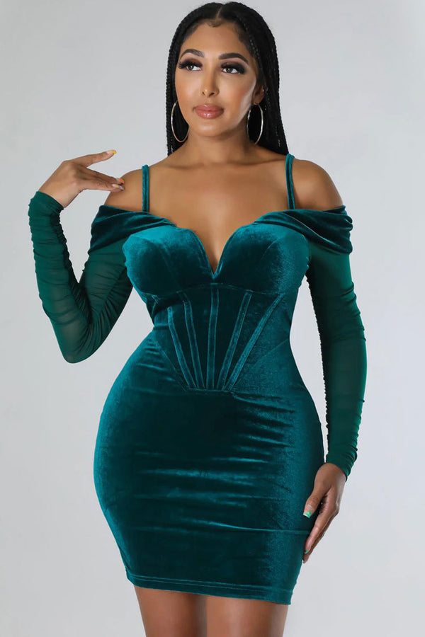Sexy Deep V Sheer Sleeve Velvet Bodycon Corset Party Mini Dress - Emerald Green