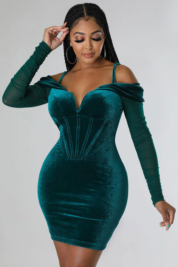 Sexy Deep V Sheer Sleeve Velvet Bodycon Corset Party Mini Dress - Emerald Green