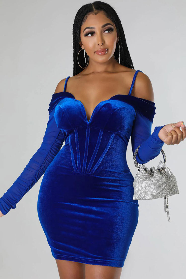 Sexy Deep V Sheer Sleeve Velvet Bodycon Corset Party Mini Dress - Royal Blue