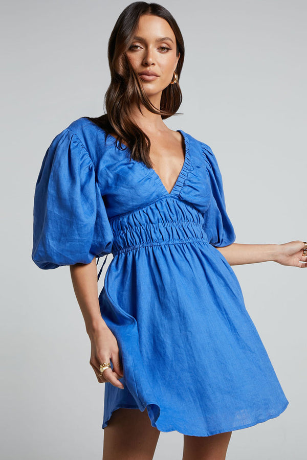 Sexy Deep V Tie Back Puff Sleeve Smocked Waist Summer Mini Dress - Blue