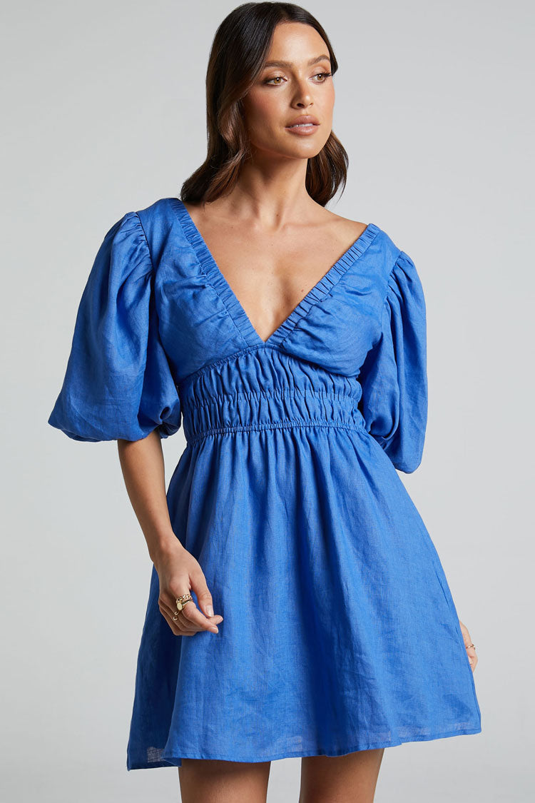 Sexy Deep V Tie Back Puff Sleeve Smocked Waist Summer Mini Dress - Blue