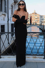 Sexy Diva Deep V Gloved Draped Sleeve Strapless Jersey Evening Maxi Dress - Black