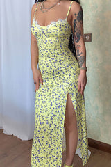 Sexy Eyelash Sweetheart Spaghetti Strap High Split Summer Floral Midi Sundress - Yellow