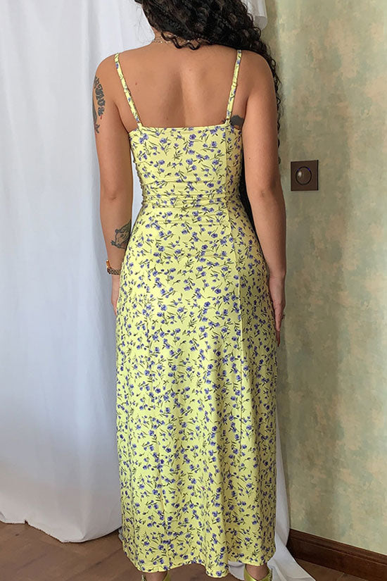 Sexy Eyelash Sweetheart Spaghetti Strap High Split Summer Floral Midi Sundress - Yellow