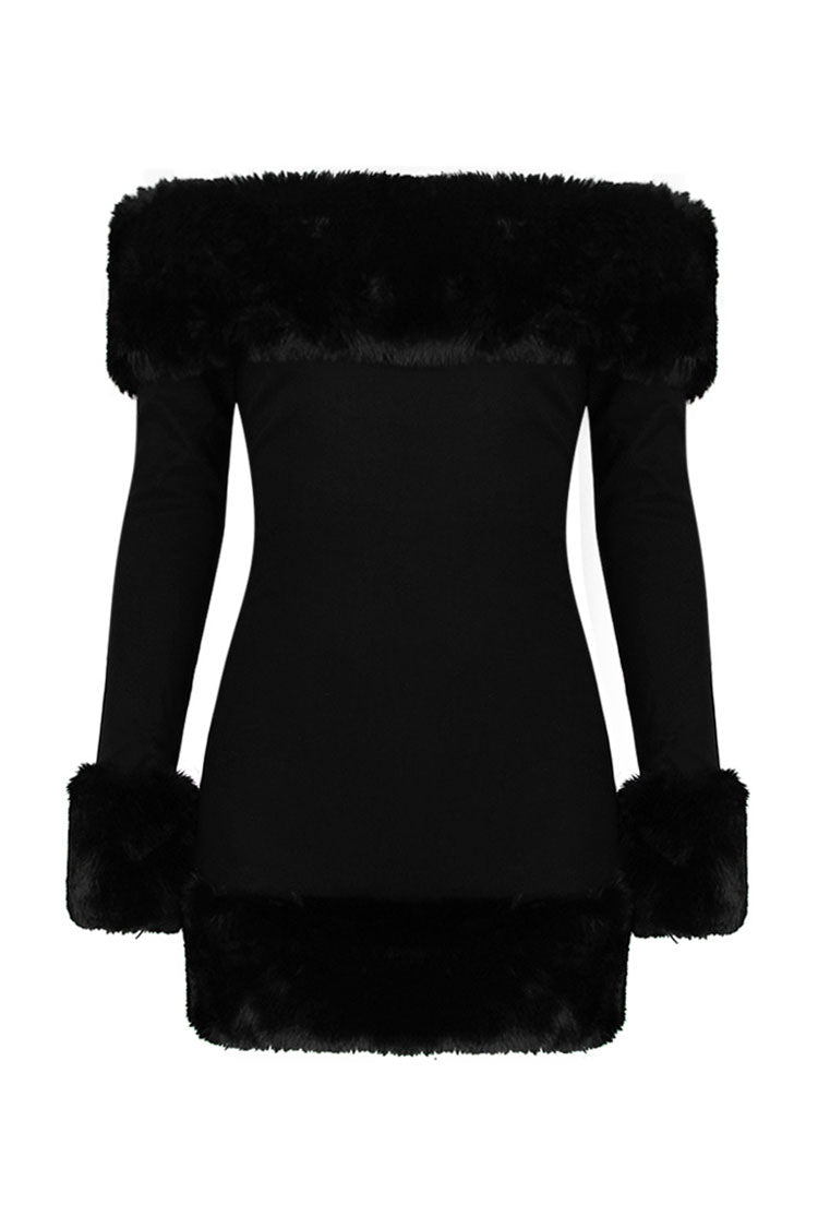 Sexy Faux Fur Off The Shoulder Long Sleeve Winter Bodycon Party Mini Dress - Black