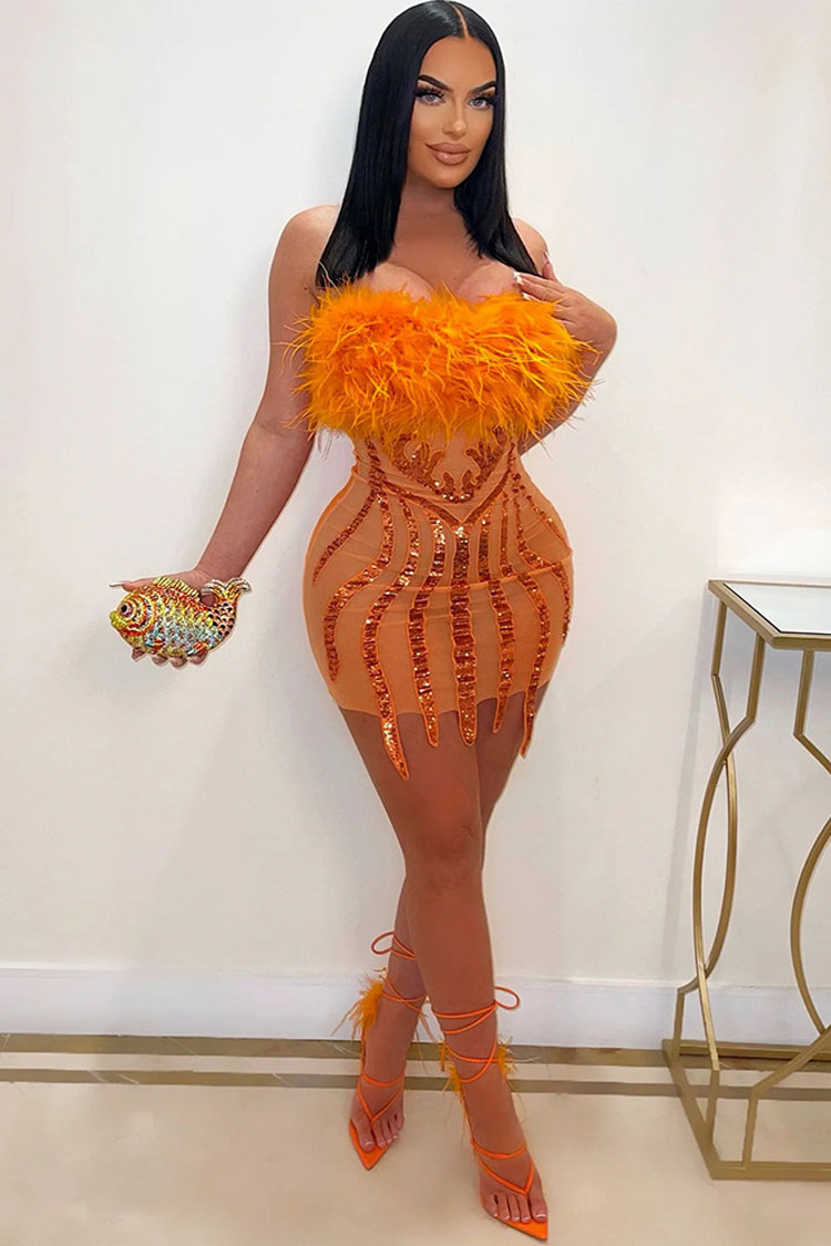 Sexy Faux Fur Strapless Sequin Sheer Mesh Club Mini Dress - Burnt Orange