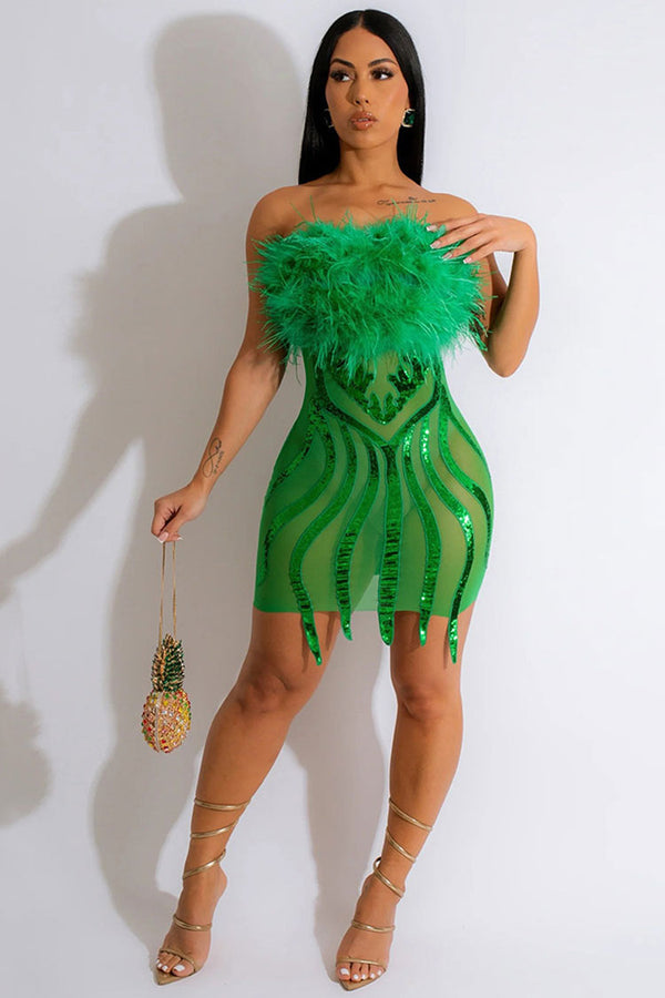 Sexy Faux Fur Strapless Sequin Sheer Mesh Club Mini Dress - Green