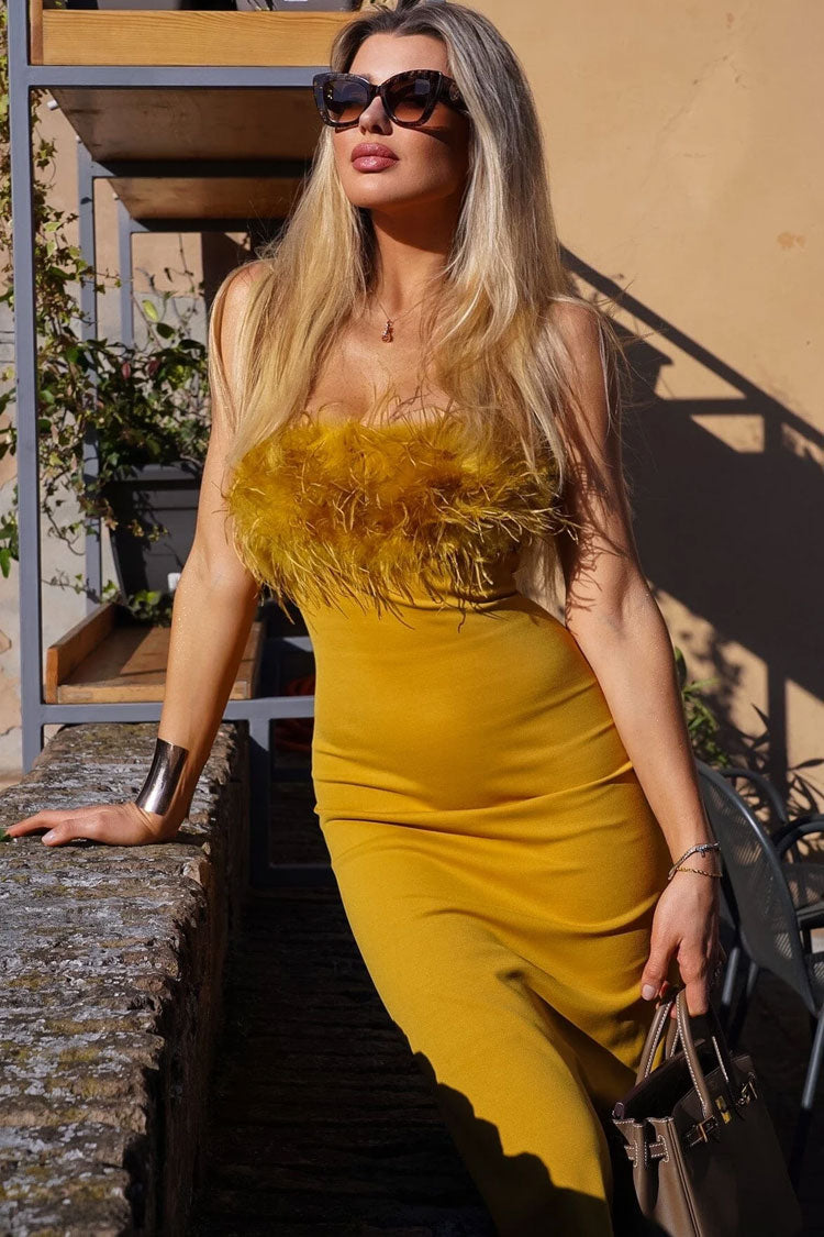 Sexy Feather Trim Square Neck Spaghetti Strap Fishtail Cocktail Midi Dress - Yellow