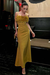 Sexy Feather Trim Square Neck Spaghetti Strap Fishtail Cocktail Midi Dress - Yellow