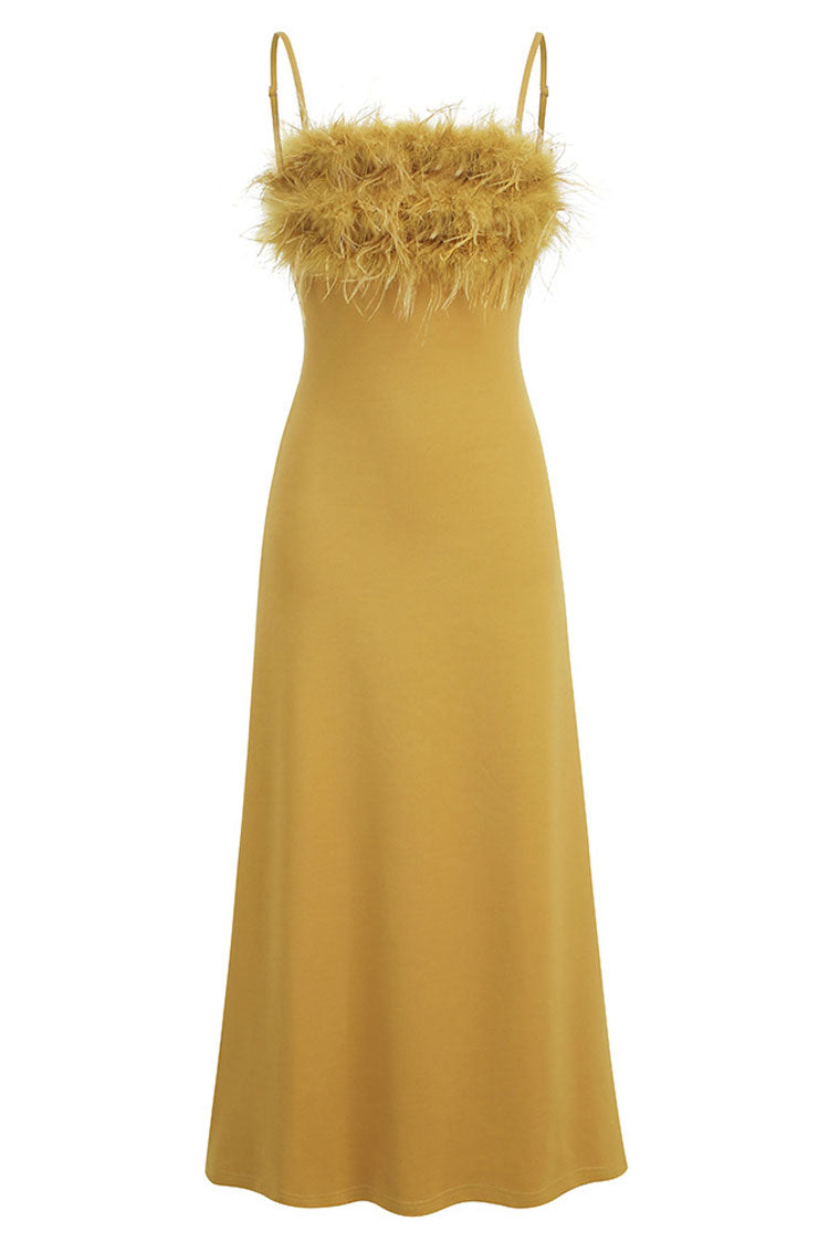 Sexy Feather Trim Square Neck Spaghetti Strap Fishtail Cocktail Midi Dress - Yellow